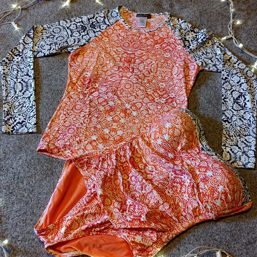 Tommy Bahama Coral Medallion Long Sleeve Rash Guard w/ Bandeau Swimsuit